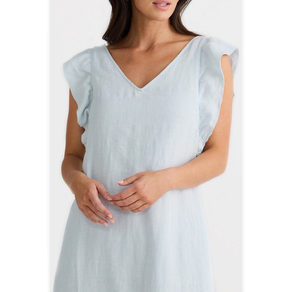 Brave and True Matilda Linen Sundress Light Blue Ruffle Sleeve Midi Dress L - Picture 3 of 6